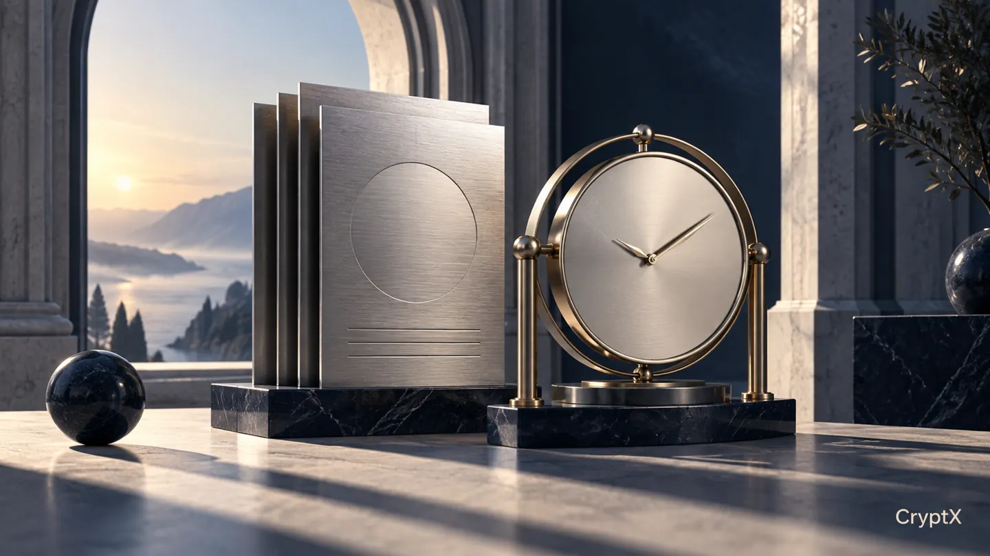 Silver fund sheets beside an unmarked clock in an institutional window.