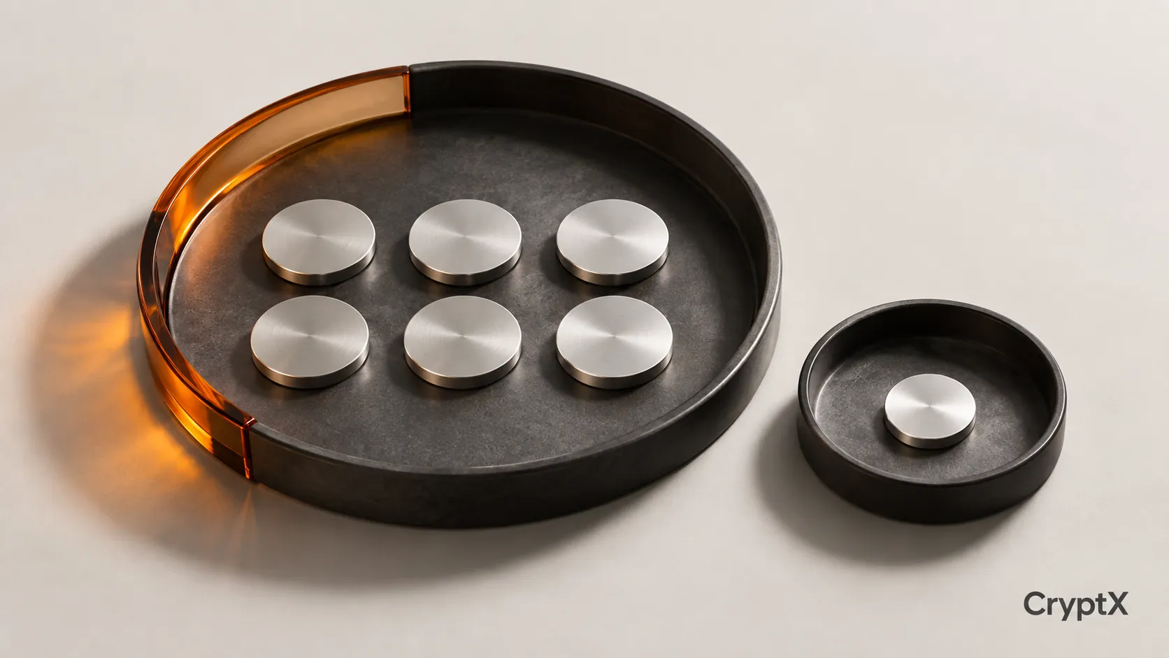 Six silver discs in an orange-accented settlement tray beside a smaller change tray.