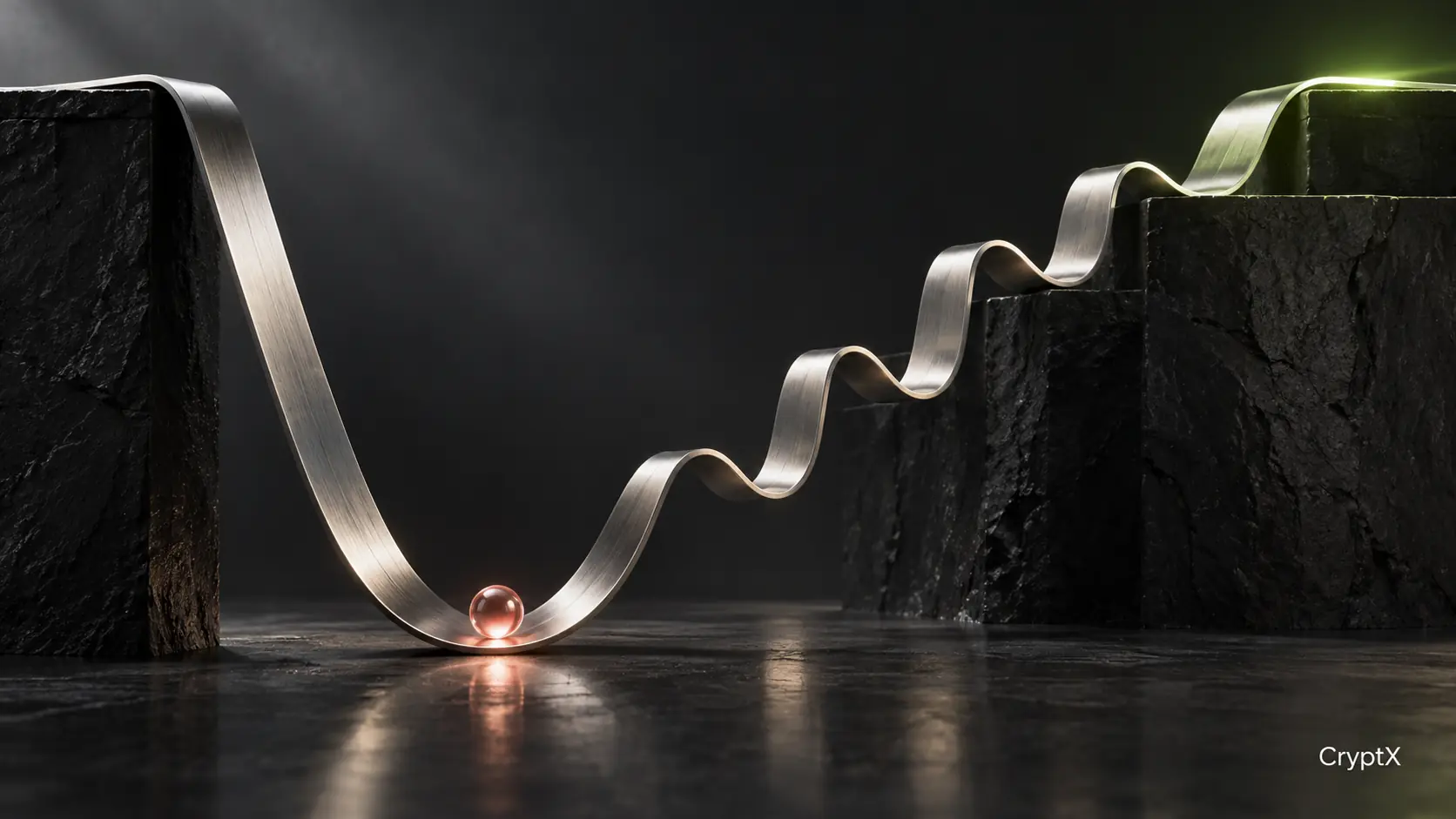 A silver ribbon descends into a valley before climbing a longer stepped path back to its starting height.