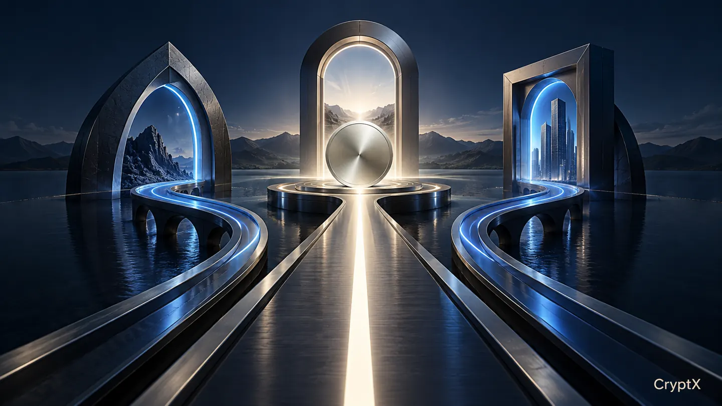Three precision gates and contrasting paths converge toward a silver disc.