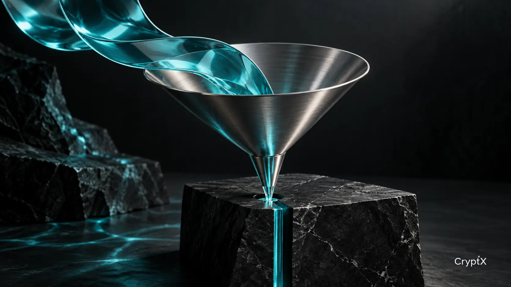 A broad cyan glass ribbon narrows through a silver funnel into a thin channel.