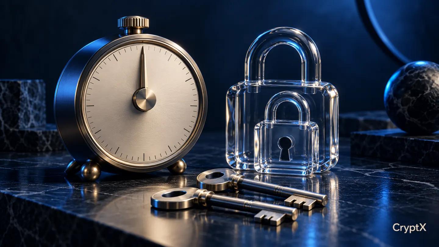 A mechanical timer beside nested glass locks and silver keys.