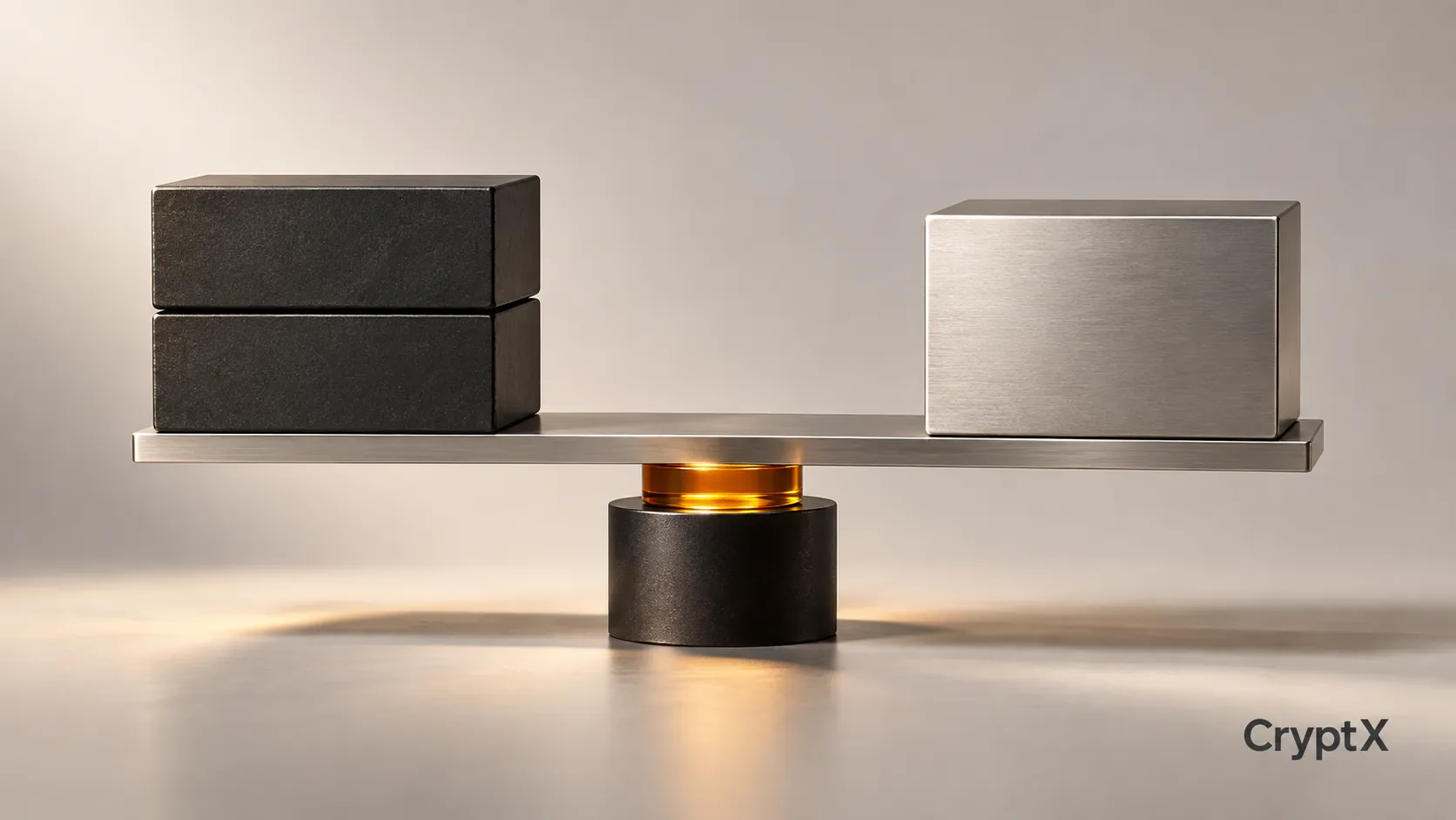 Charcoal collateral blocks balanced against a silver block on an amber-accented beam.