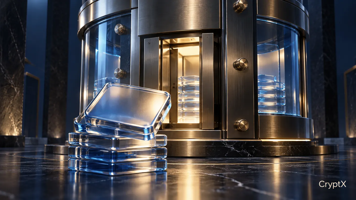 Unnumbered translucent tiles stand before a glass vault with a narrow opening.
