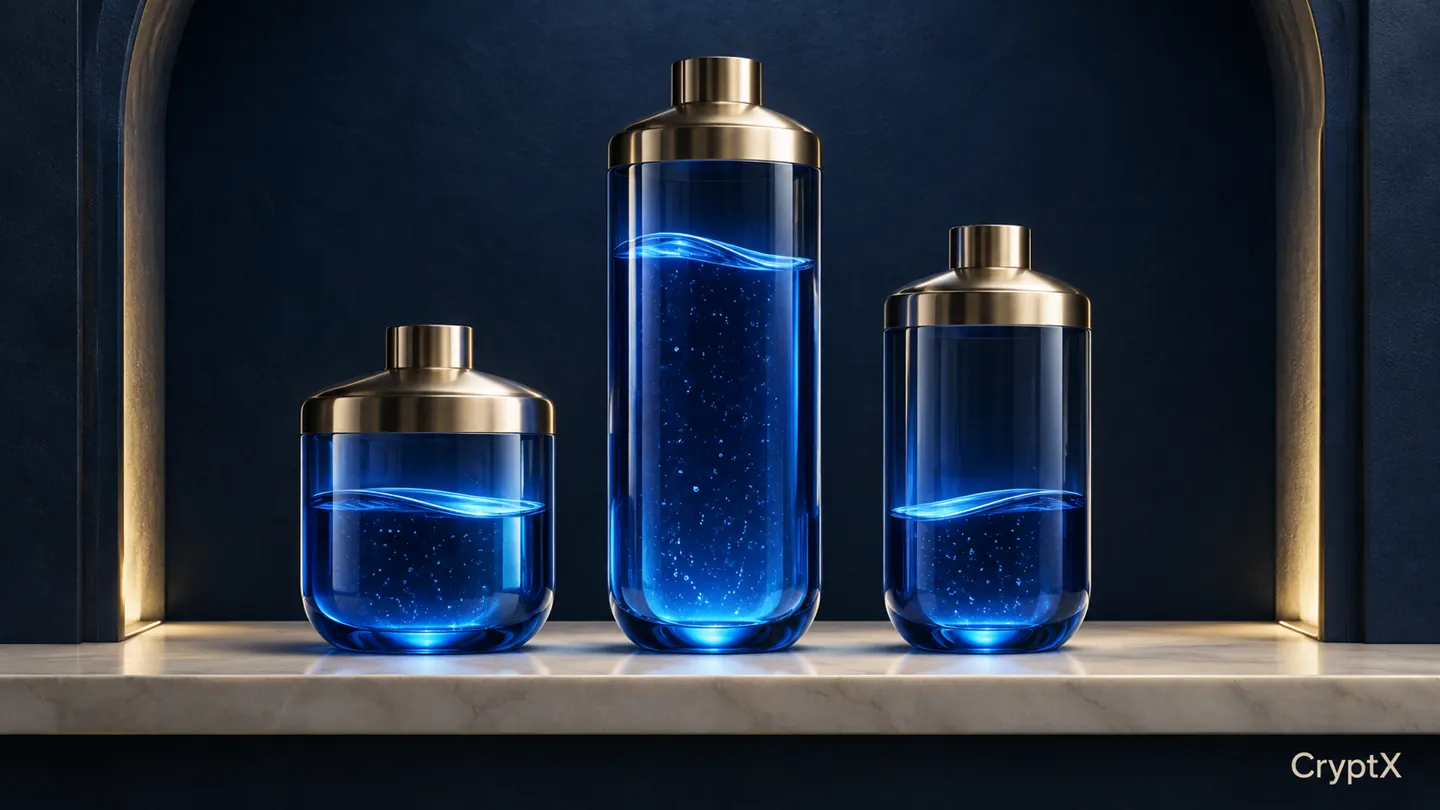 Three glowing blue glass vessels with distinct fill levels and metal caps.