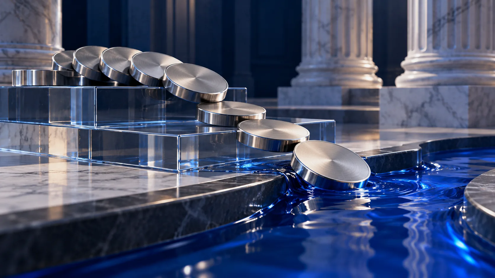 Silver discs on glass steps leading into a blue channel beside marble columns.