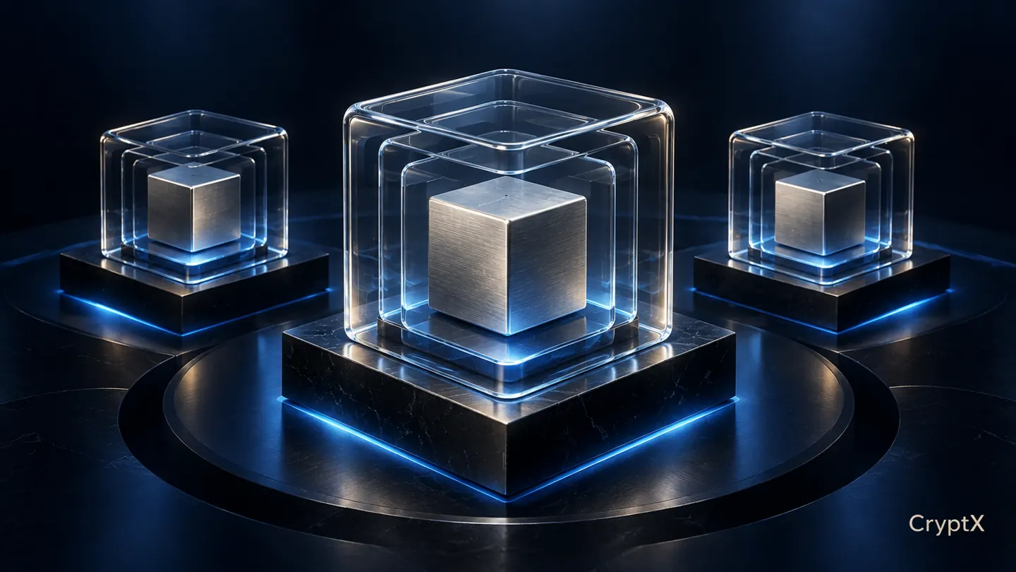Nested glass buffers surround isolated silver blocks on separate platforms.