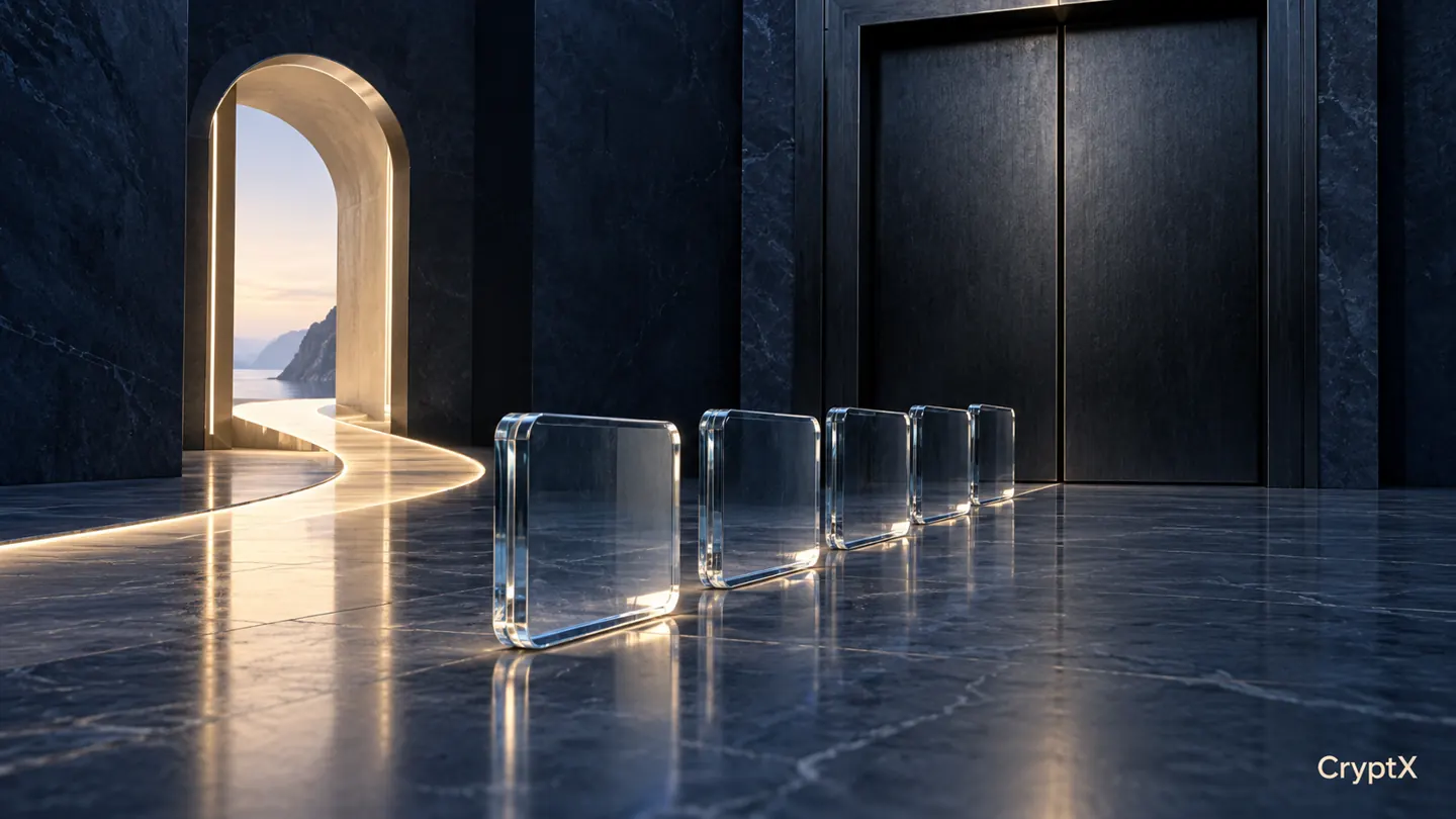 A row of glass tiles pauses before a threshold beside an alternate illuminated passage.