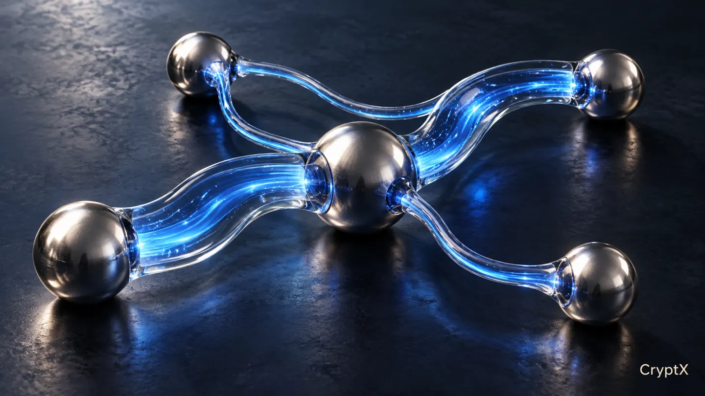 Electric blue channels of different widths connect polished silver nodes.