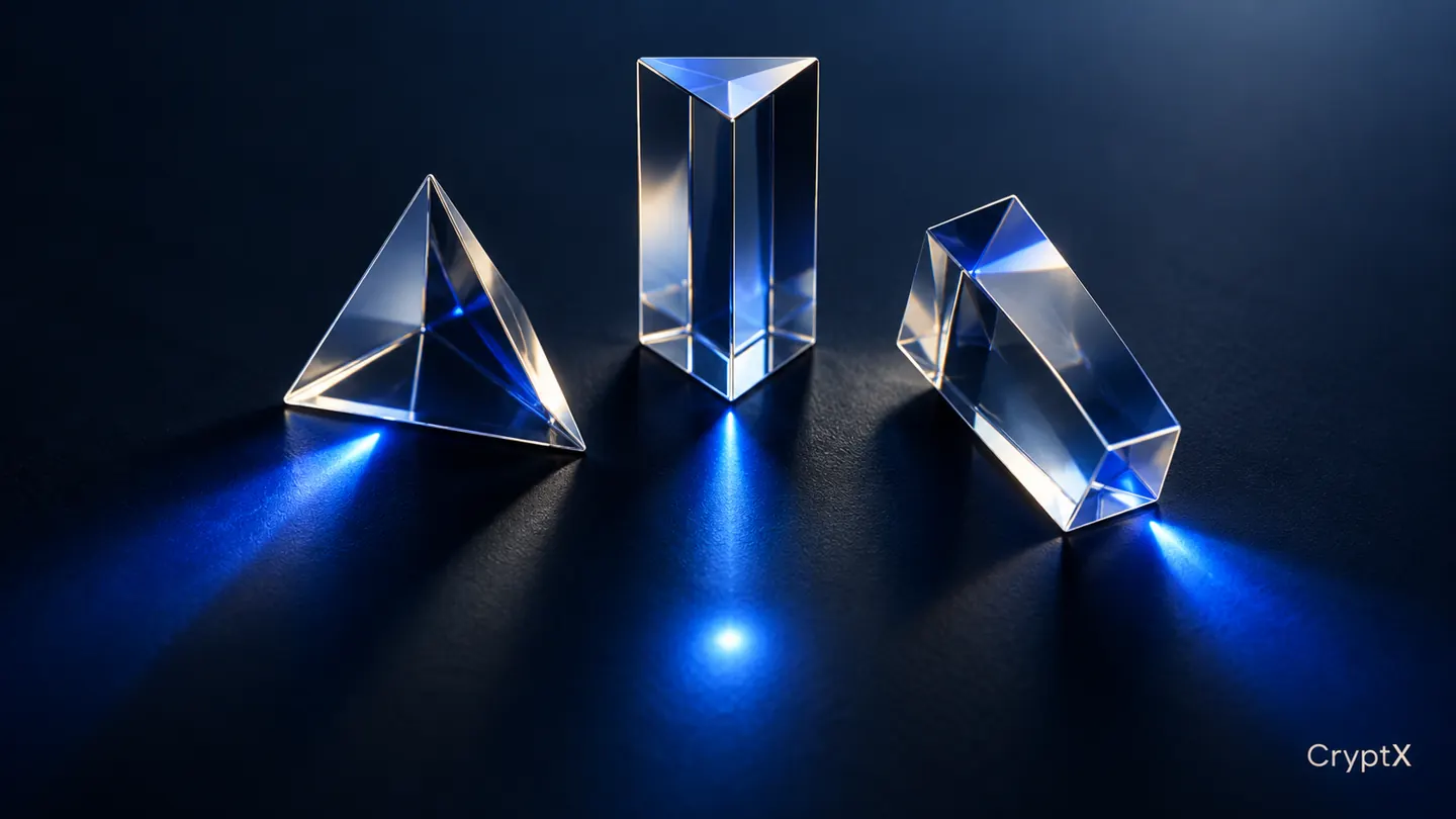 Three differently oriented glass prisms project separate blue points.
