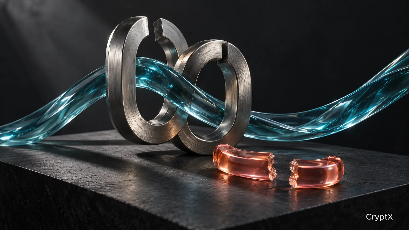 Open silver loops, a cyan ribbon and a broken coral connector distinguish positions, flow and liquidation.