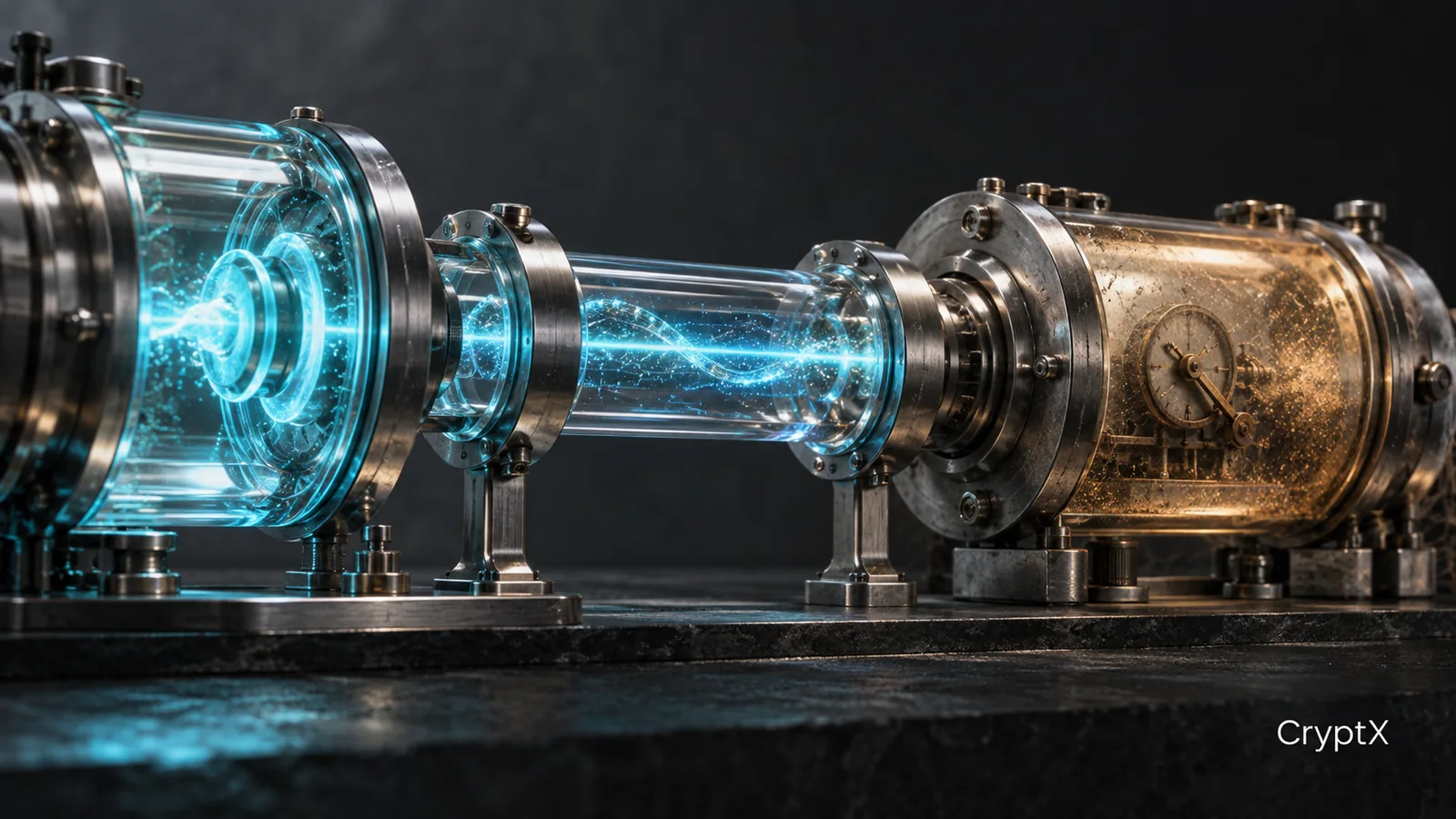 Connected glass and metal chambers carry a bright cyan signal toward an amber chamber containing a small dial, on a dark studio surface. CryptX branding sits at the lower right.
