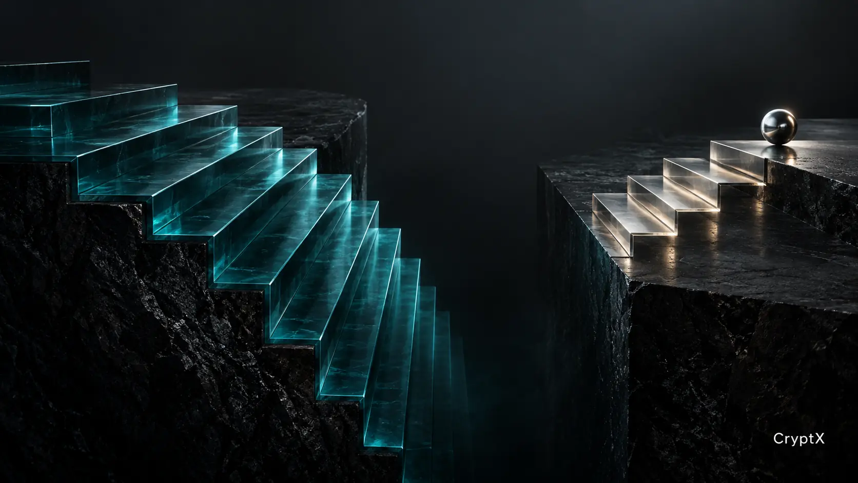Opposing glass staircases descend to different depths, illustrating uneven order-book liquidity.