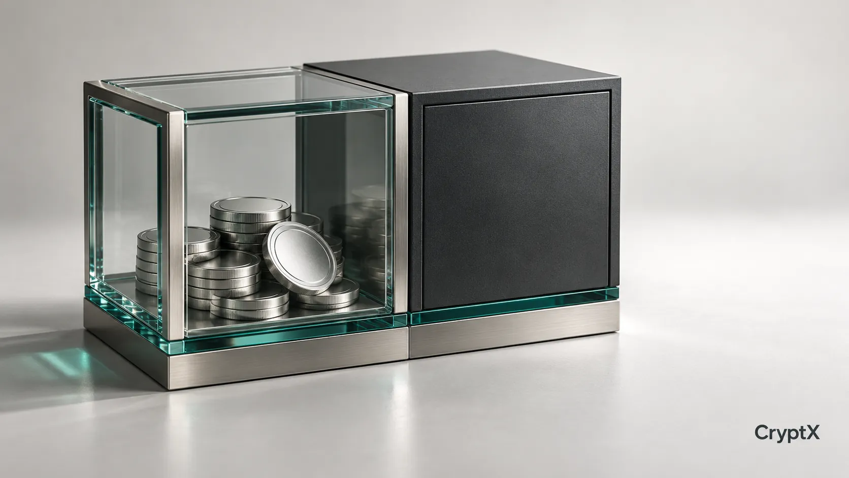 Silver tokens inside a clear glass compartment beside an opaque closed compartment.