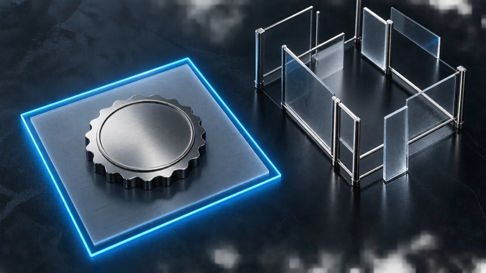 Blank metal seal within a glass boundary beside a separate open structure.