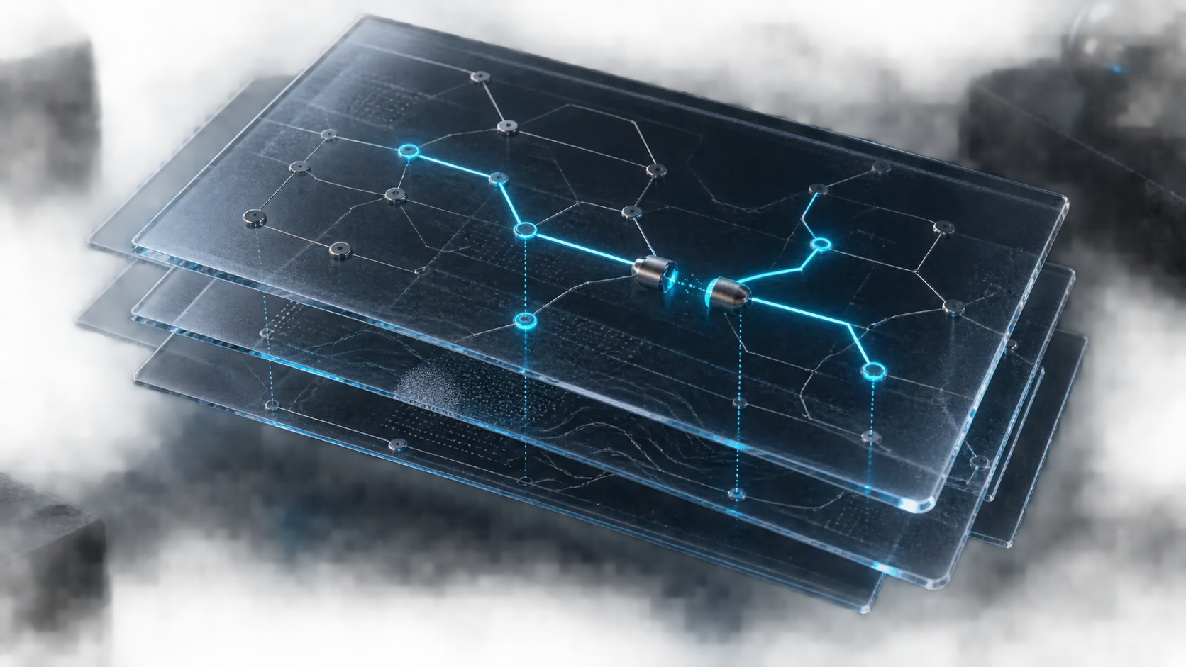 Layered glass network report tracing a broken connection in cyan.