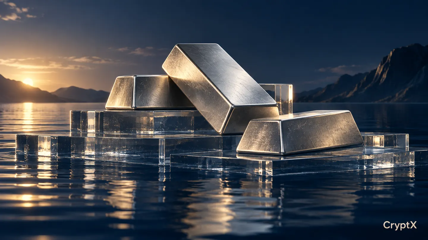 Silver reserve bars rest on glass steps of different depths above blue water.