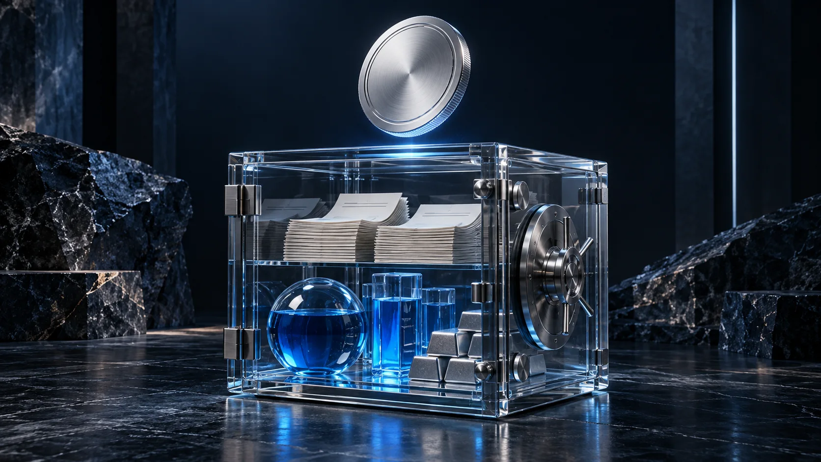 Silver token above a glass vault containing reserve papers and blue liquid forms.