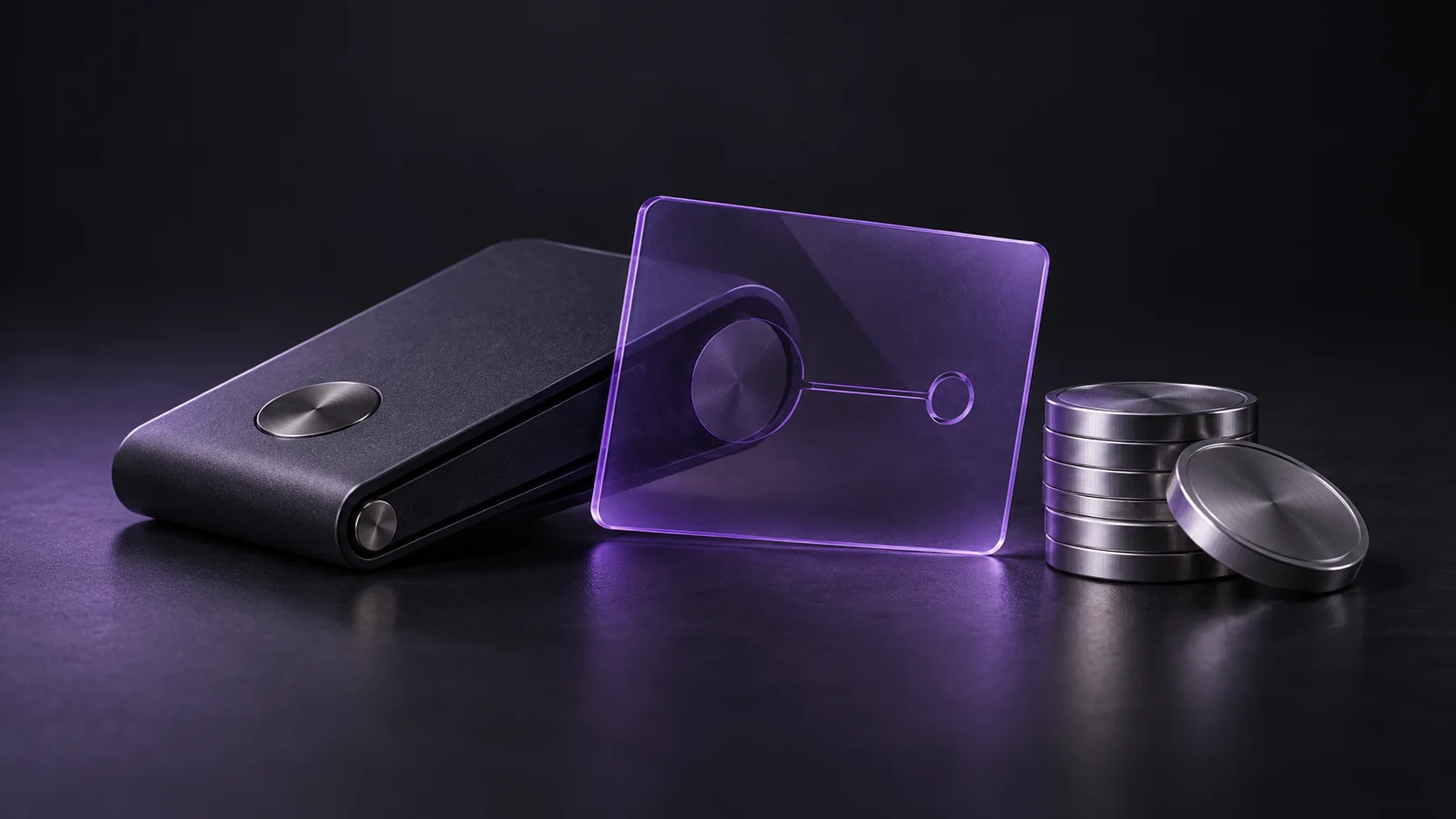 A charcoal wallet device beside a translucent violet access card and a stack of silver tokens.