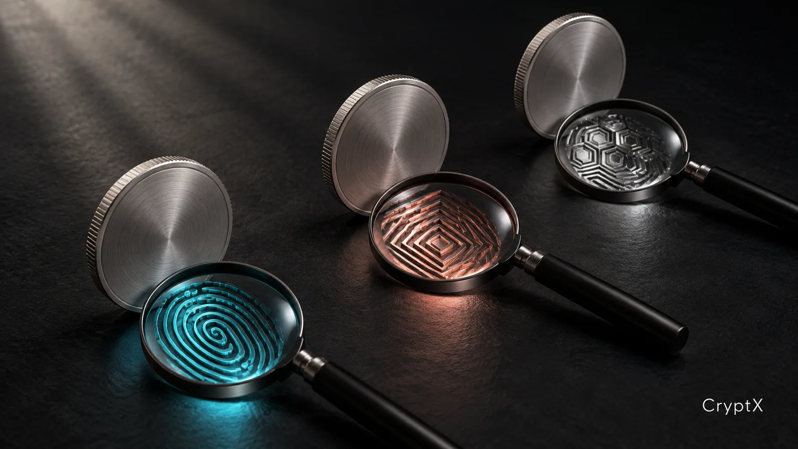 Matching silver token discs stand behind magnifying lenses that reveal different geometric patterns, with cyan and coral accents on a dark surface. CryptX branding appears at the lower right.