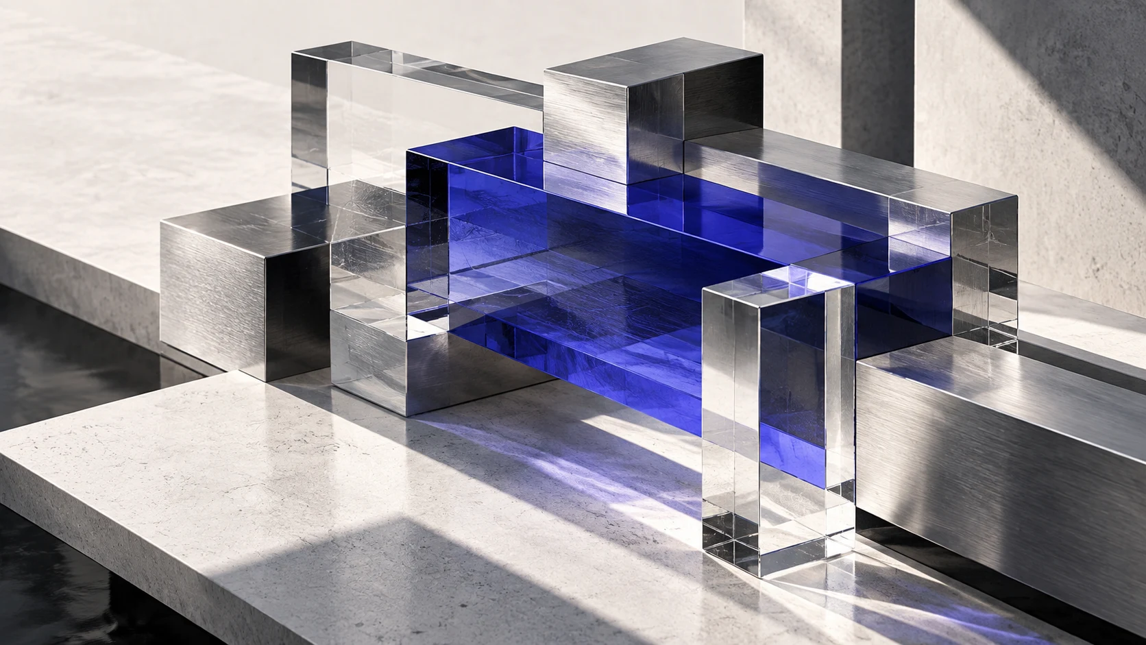 Interlocking glass and aluminum structures around a blue central layer.