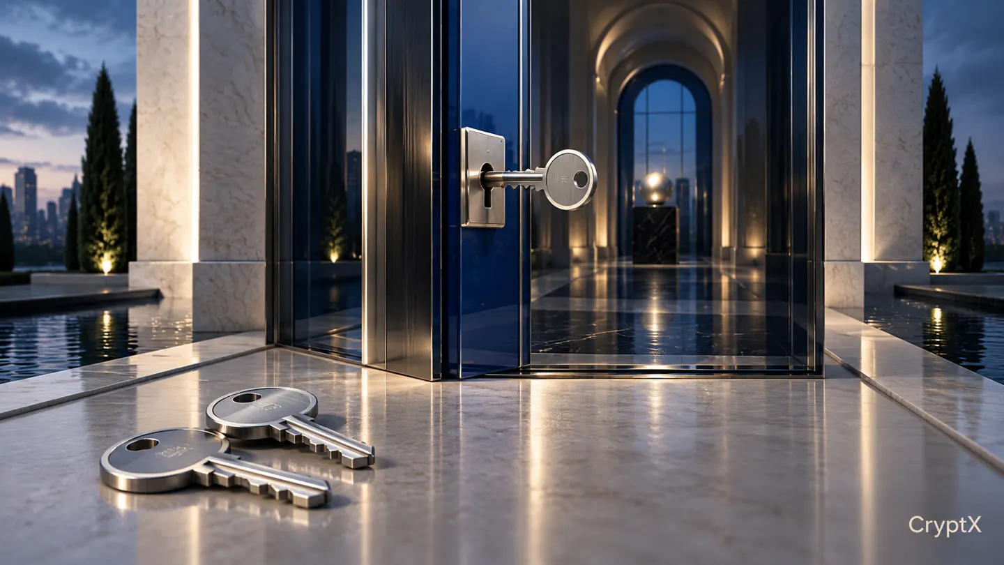 A fitted silver key at a glass entrance with two other keys resting aside.