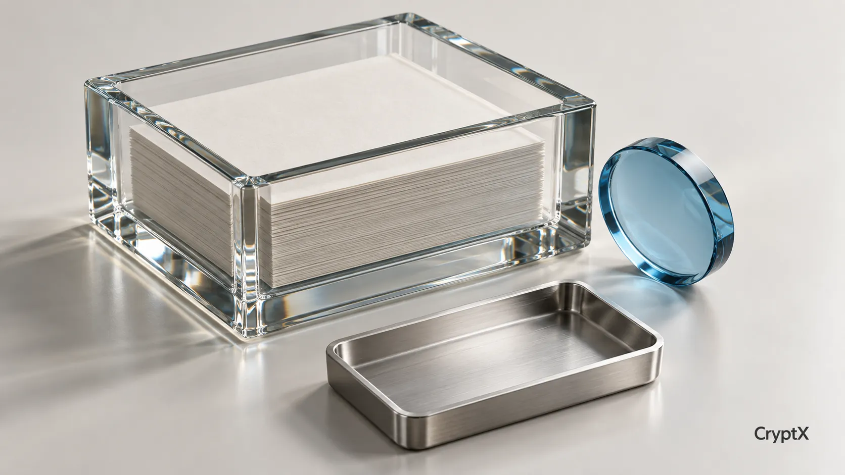 Blank security paper inside a clear glass case beside a blue token and an empty withdrawal tray.