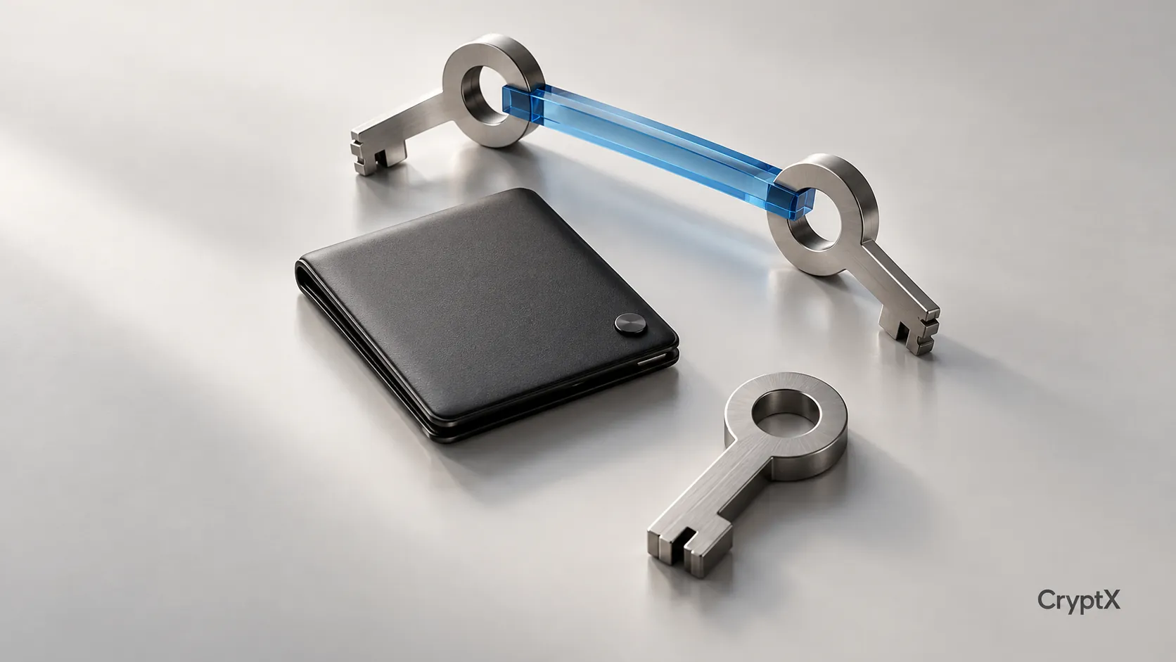 A charcoal wallet and three silver keys, with two keys joined by a blue glass bar.