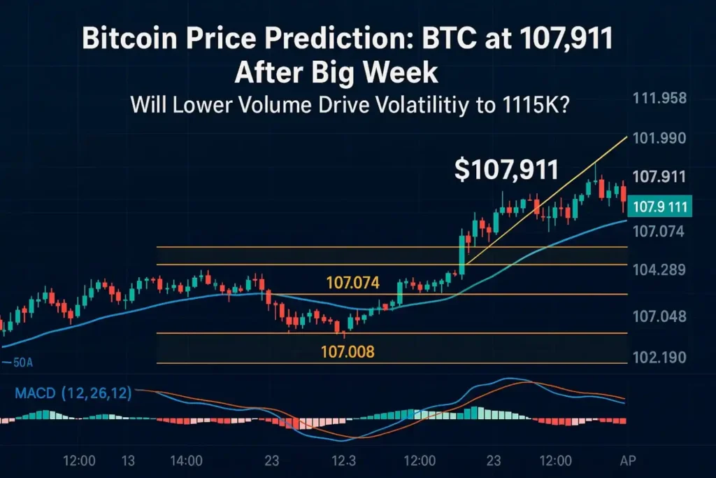 Bitcoin trading floor shows $107,911 with ETF inflows, support zones, and Memorial Day volatility setup.