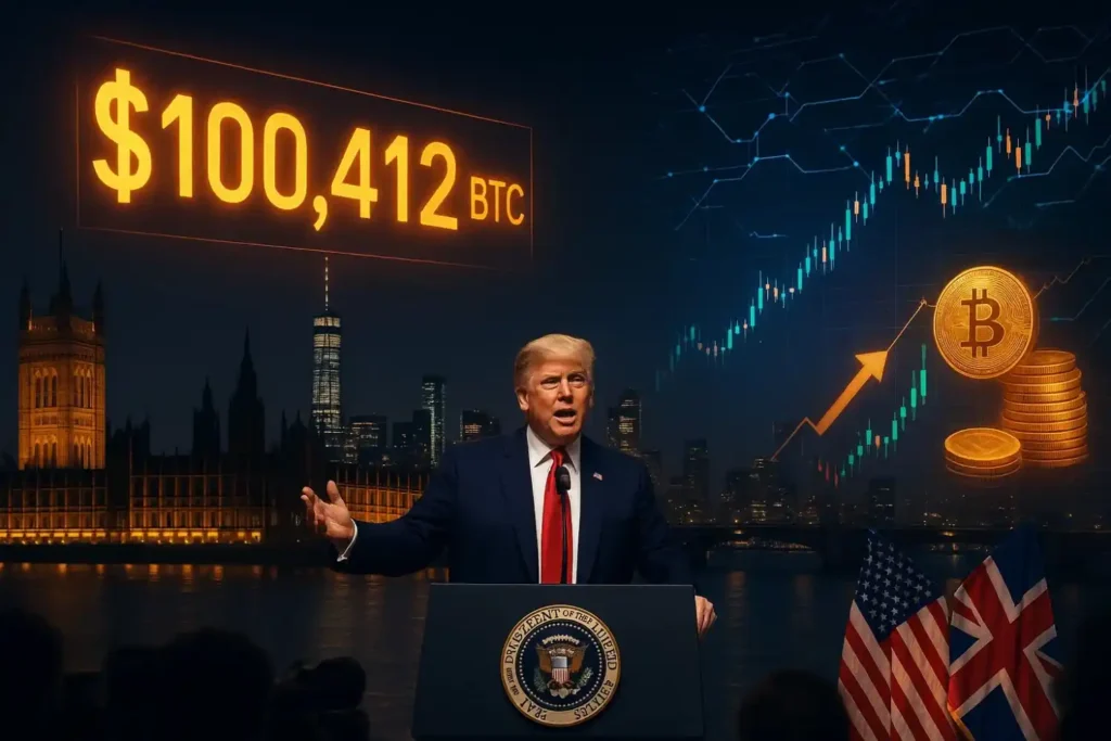 Bitcoin price breaking $100K amid Trump UK trade deal announcement, digital ticker glowing across skylines.