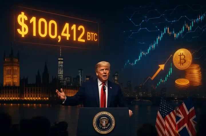 Bitcoin price breaking $100K amid Trump UK trade deal announcement, digital ticker glowing across skylines.