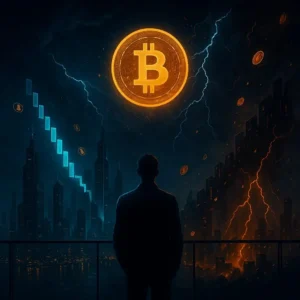 Futuristic cityscape under a stormy sky with a glowing Bitcoin symbol above, representing potential price volatility over a holiday weekend.