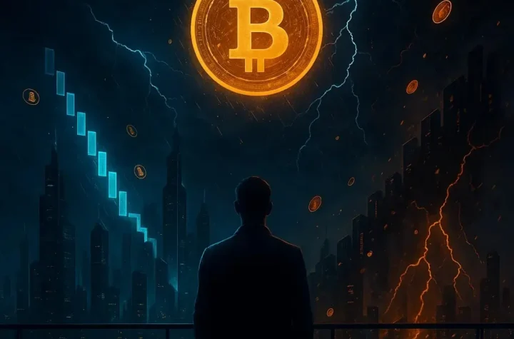 Futuristic cityscape under a stormy sky with a glowing Bitcoin symbol above, representing potential price volatility over a holiday weekend.