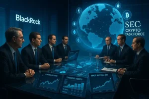 BlackRock and SEC officials discussing staking and tokenization in a high-tech regulatory meeting.