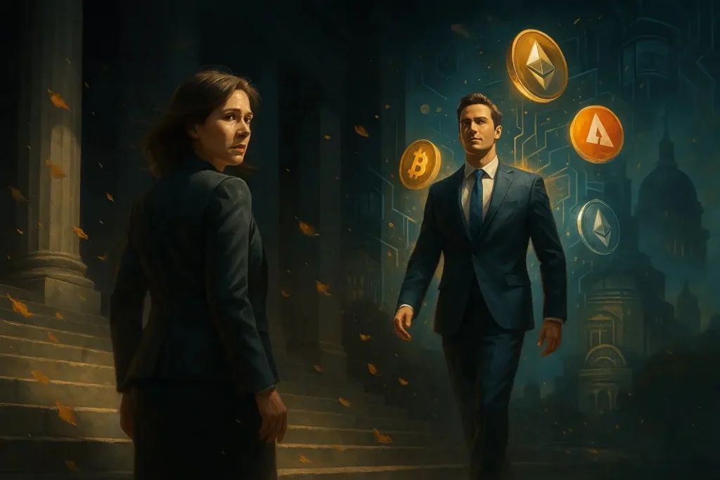 Visual metaphor of a U.S. regulator stepping down as a crypto-aligned successor emerges, symbolizing a shift in CFTC leadership under the Trump administration.