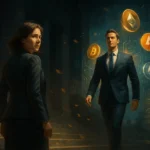 Visual metaphor of a U.S. regulator stepping down as a crypto-aligned successor emerges, symbolizing a shift in CFTC leadership under the Trump administration.