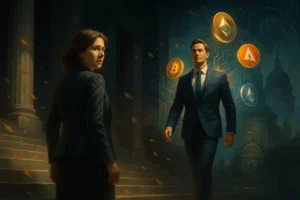 Visual metaphor of a U.S. regulator stepping down as a crypto-aligned successor emerges, symbolizing a shift in CFTC leadership under the Trump administration.
