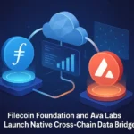 Visual depiction of a cross-chain data bridge between Avalanche and Filecoin with developers managing decentralized storage.