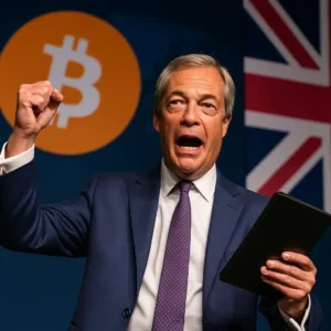 Nigel Farage holds a crypto bill and Bitcoin, symbolizing political support for pro-crypto policies in the UK.