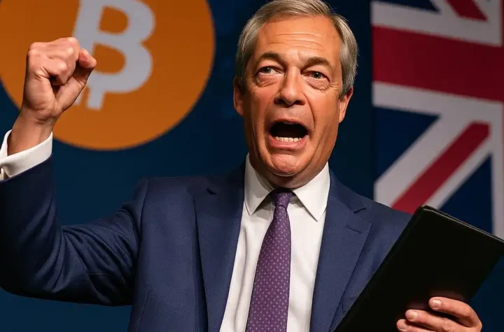 Nigel Farage holds a crypto bill and Bitcoin, symbolizing political support for pro-crypto policies in the UK.