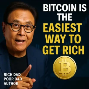 Robert Kiyosaki holds 0.01 Bitcoin at a podium, calling it the easiest path to wealth in a shifting economy.