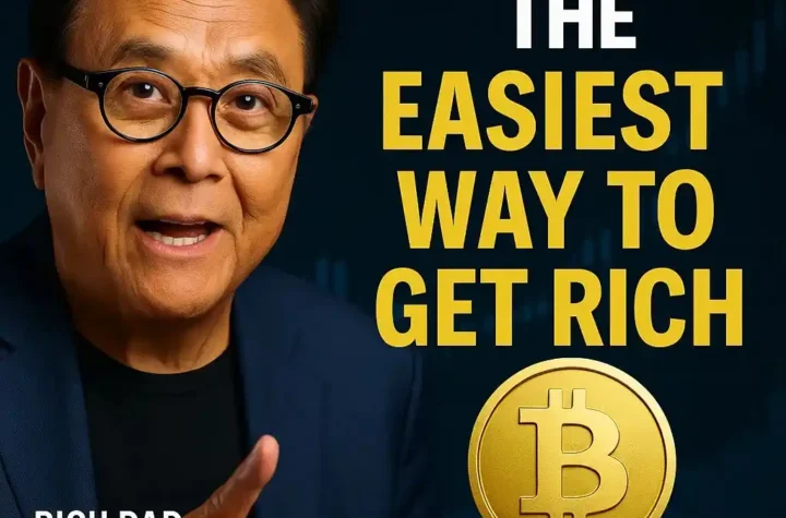 Robert Kiyosaki holds 0.01 Bitcoin at a podium, calling it the easiest path to wealth in a shifting economy.