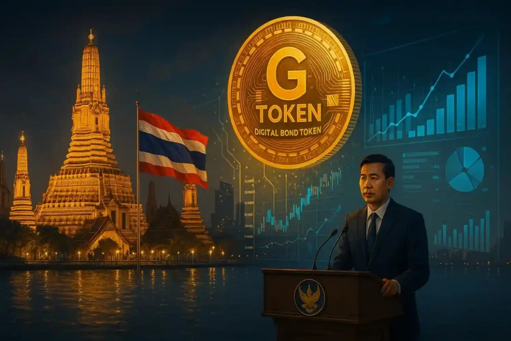 Bangkok Government House with holographic G‑Token coins illustrating Thailand’s $150 M retail digital bond launch.
