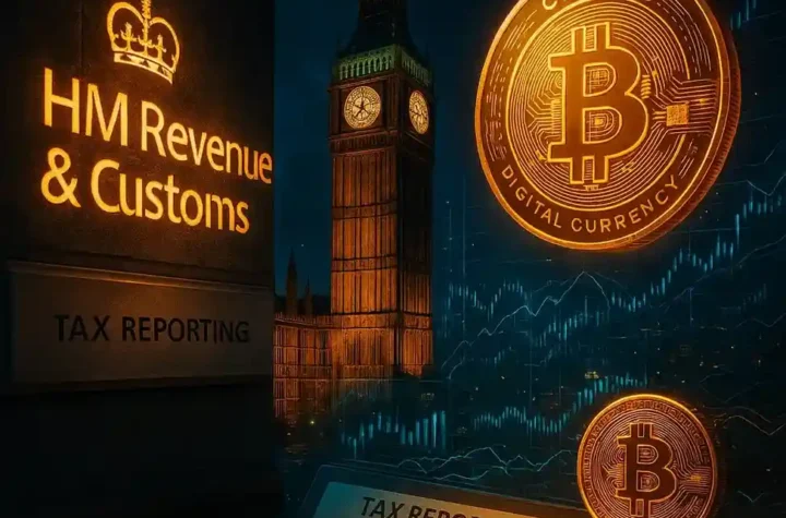 UK Parliament with FCA and HMRC officials unveiling crypto tax reporting laws under OECD guidelines.