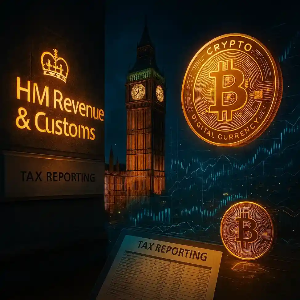 UK Parliament with FCA and HMRC officials unveiling crypto tax reporting laws under OECD guidelines.