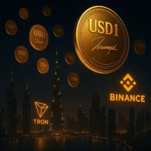 Dubai skyline featuring USD1 stablecoin with Trump ties used in Binance investment, surrounded by digital finance symbolism.