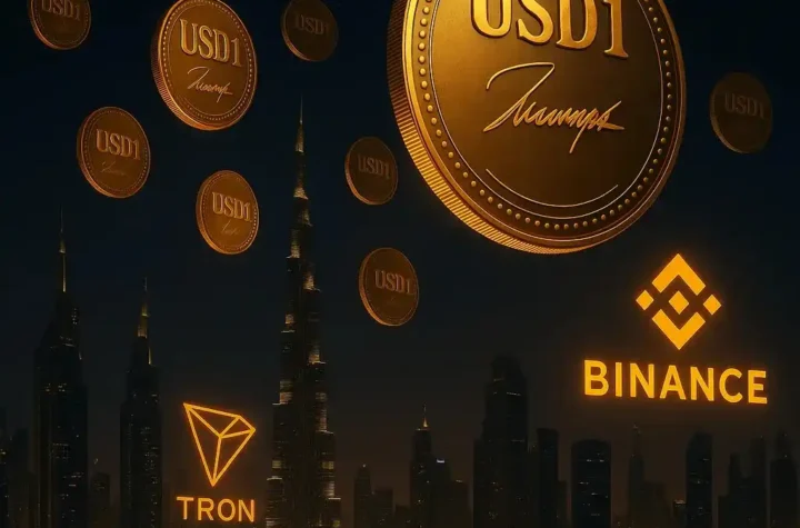Dubai skyline featuring USD1 stablecoin with Trump ties used in Binance investment, surrounded by digital finance symbolism.