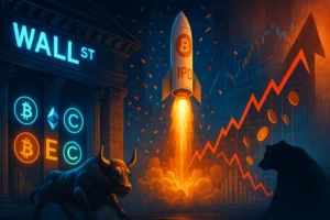 Wall Street facade with a Bitcoin-branded IPO rocket blasting off, a charging bull in the foreground, and a bear silhouette beside a jagged price chart symbolizing a potential boom-and-bust cycle for U.S. crypto IPOs.