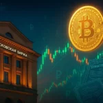 Illustration of the Moscow Exchange building at dusk with a glowing Bitcoin symbol, dynamic candlestick chart, and structured-bond documents representing MOEX’s expansion from BTC futures to crypto funds and bonds.