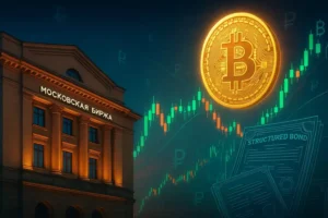 Illustration of the Moscow Exchange building at dusk with a glowing Bitcoin symbol, dynamic candlestick chart, and structured-bond documents representing MOEX’s expansion from BTC futures to crypto funds and bonds.